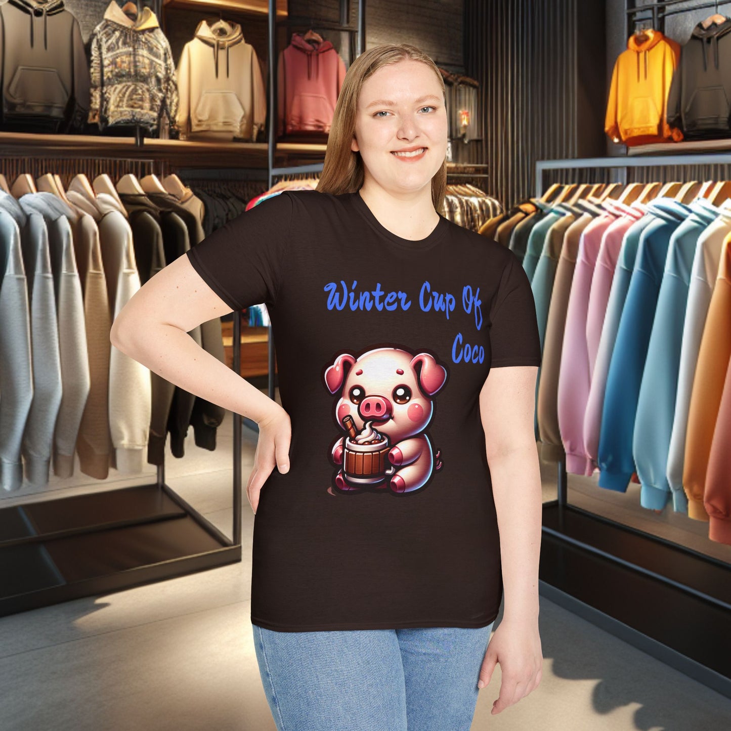 Pig Sipping on a Cup Of Coco Unisex T-Shirt - Winter Coco