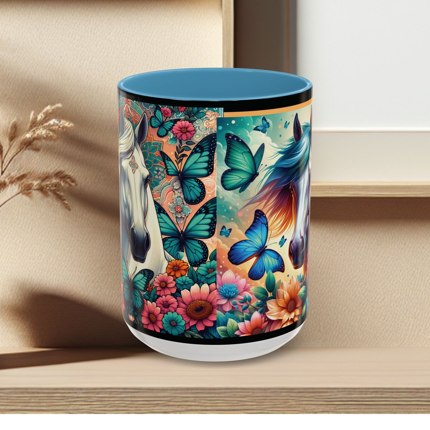 Coffee Mug Horses, Flowers, and Butterflies Mug