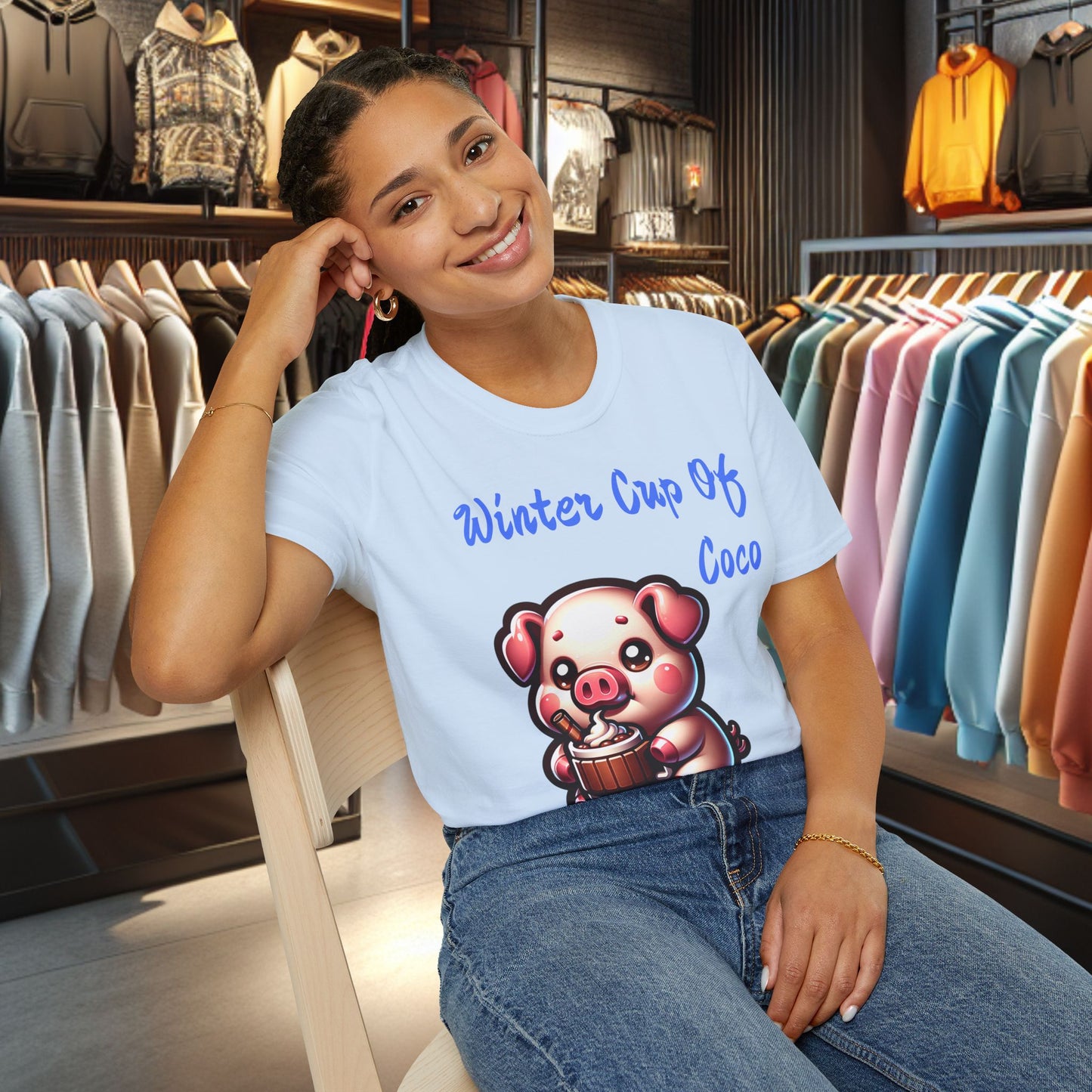 Pig Sipping on a Cup Of Coco Unisex T-Shirt - Winter Coco