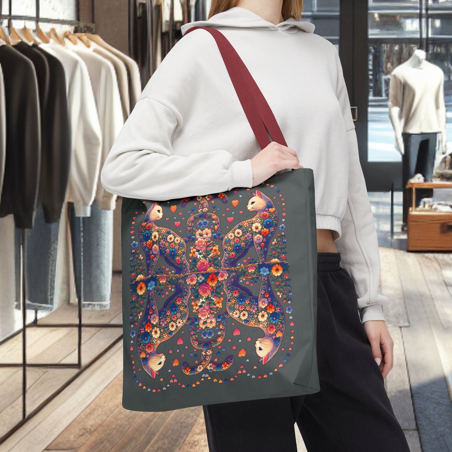 Mosaic Loving Cat Dark Gray Tote Bag (AOP)