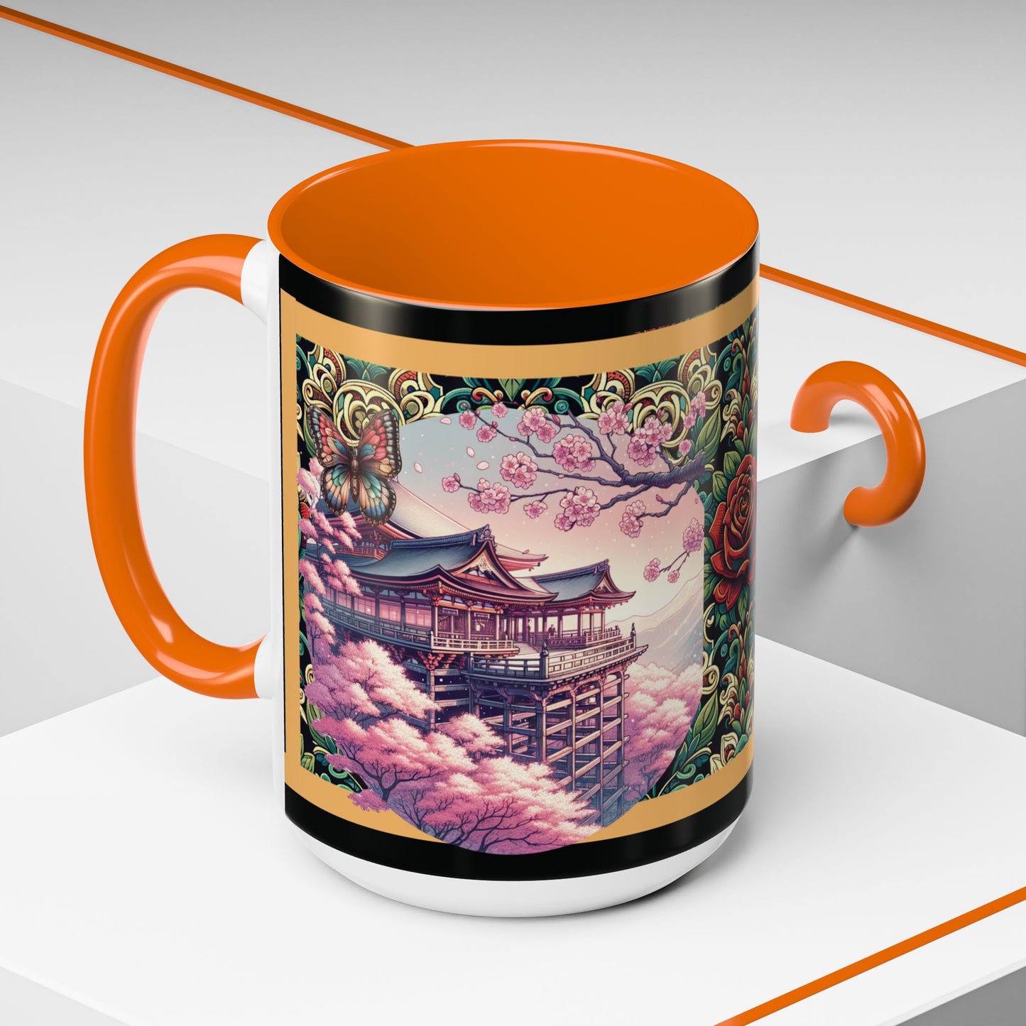Mug - Sakura Butterfly Coffee Mug with Cherry Blossoms and a Rose