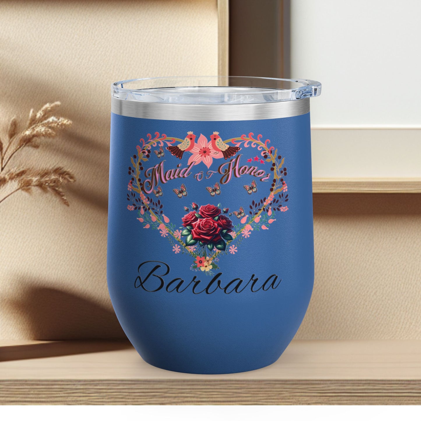 Personalized Maid of honor's Heart Floral Wine Tumbler