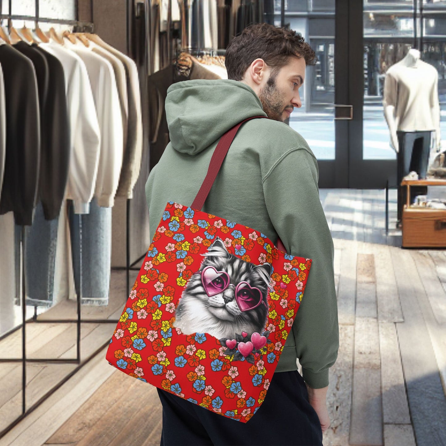 Kitty Ride Tote Bag with Flowered Red Design