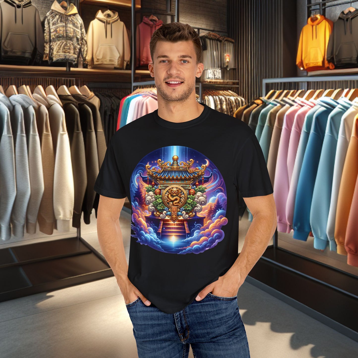 A Vibrant Mistic Temple Design -Unisex Garment-Dyed T-Shirt Perfect for Festivals & Everyday Wear