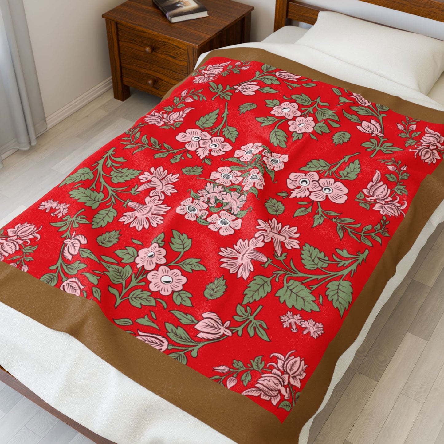Floral Velveteen Plush Blanket - Pink Flowers Red Background