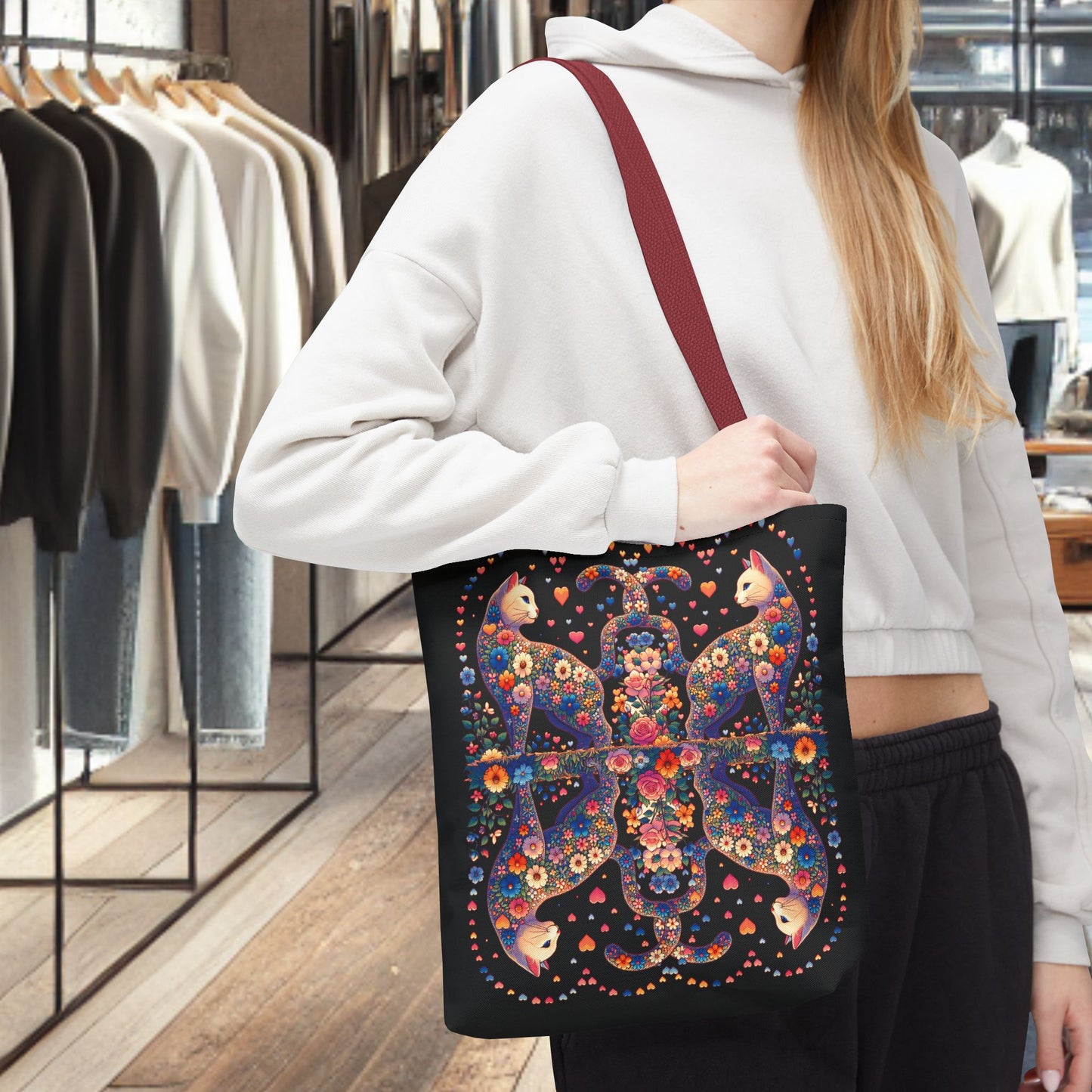 Mosaic Loving Cat Black Tote Bag (AOP)
