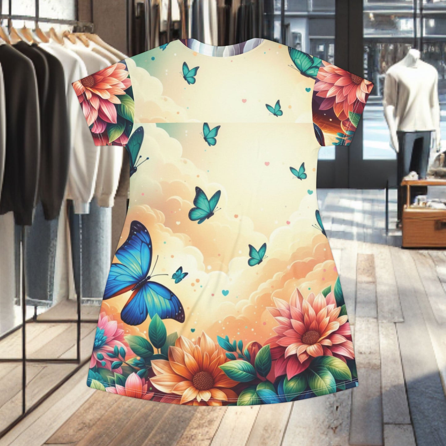 Horse & Butterflies Floral T-Shirt Dress — Colorful Horse-Inspired All-Over Print