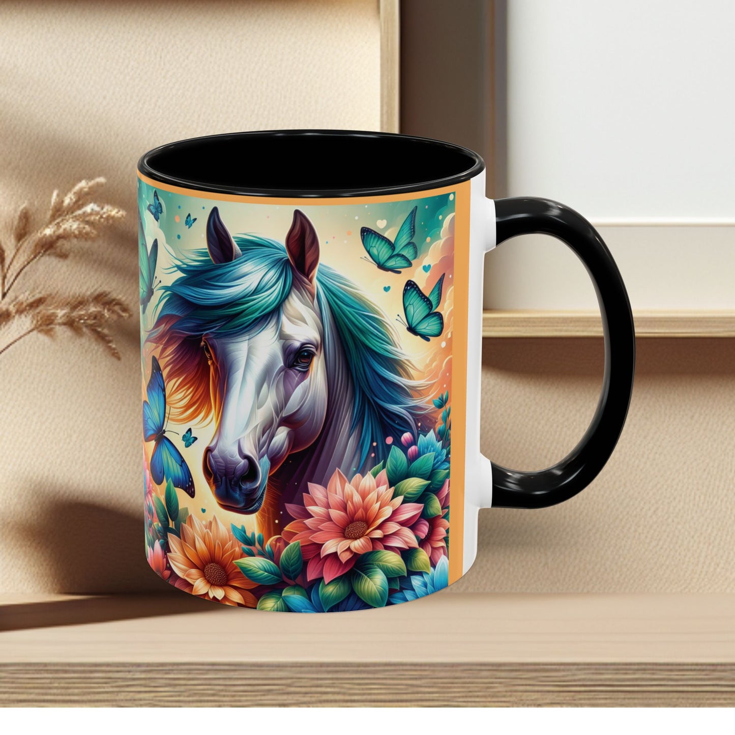 Coffee Mug Horses, Flowers, and Butterflies Mug