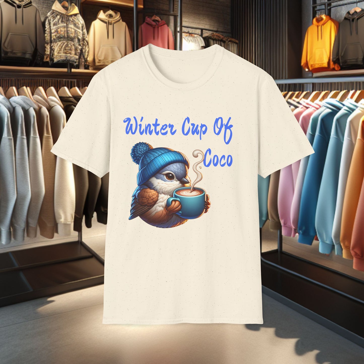 Blue Bird With a Cup Of Coco Unisex T-Shirt - Winter Coco