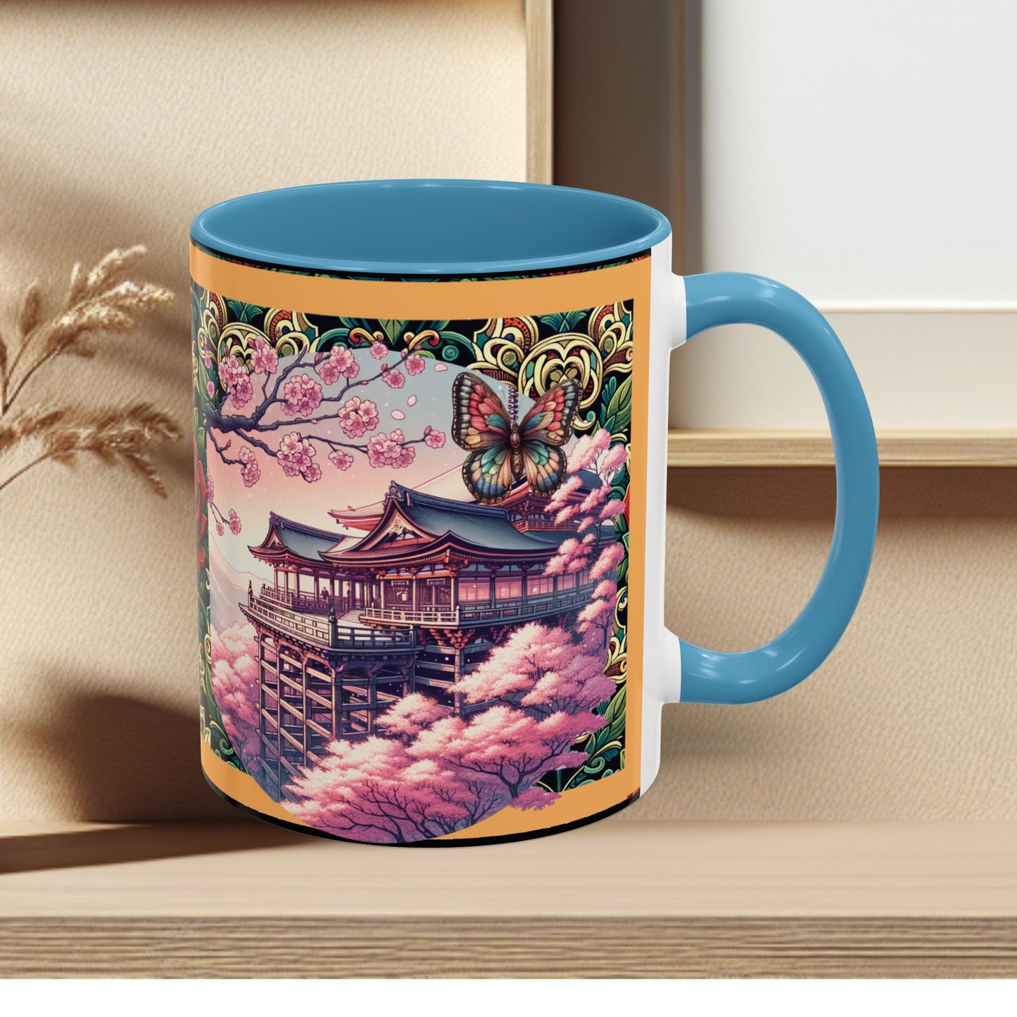 Mug - Sakura Butterfly Coffee Mug with Cherry Blossoms and a Rose