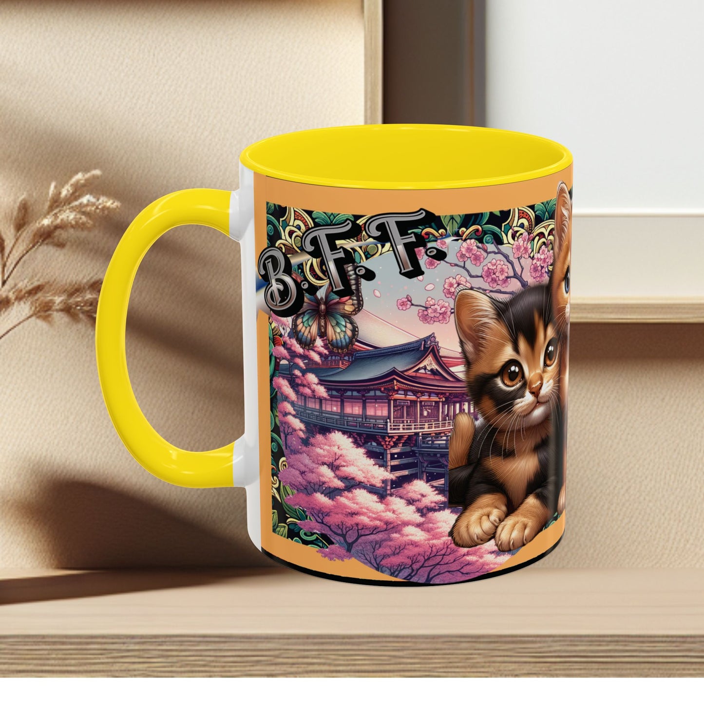 Mug - 3 B F F kittens and Butterflies Coffee Mug with Cherry Blossoms