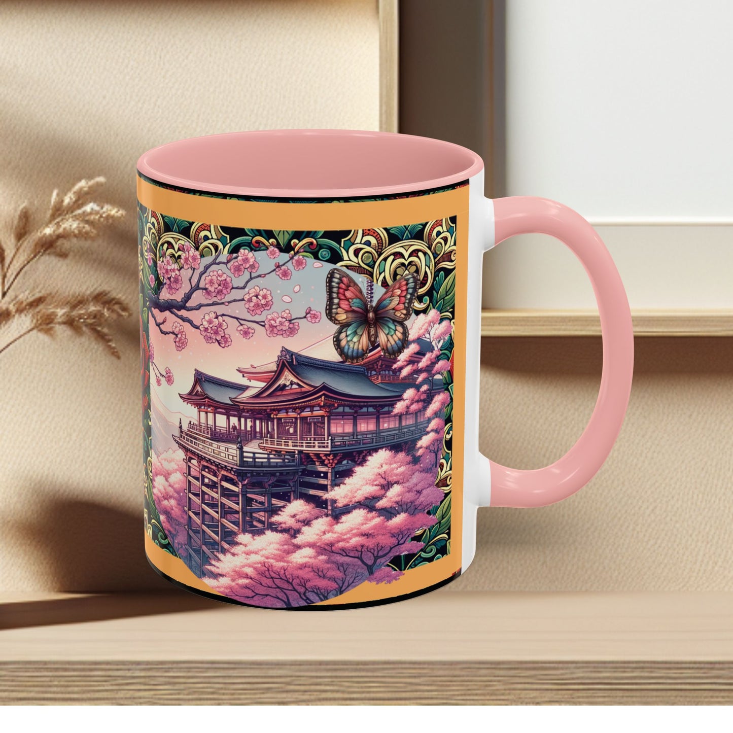 Mug - Sakura Butterfly Coffee Mug with Cherry Blossoms and a Rose