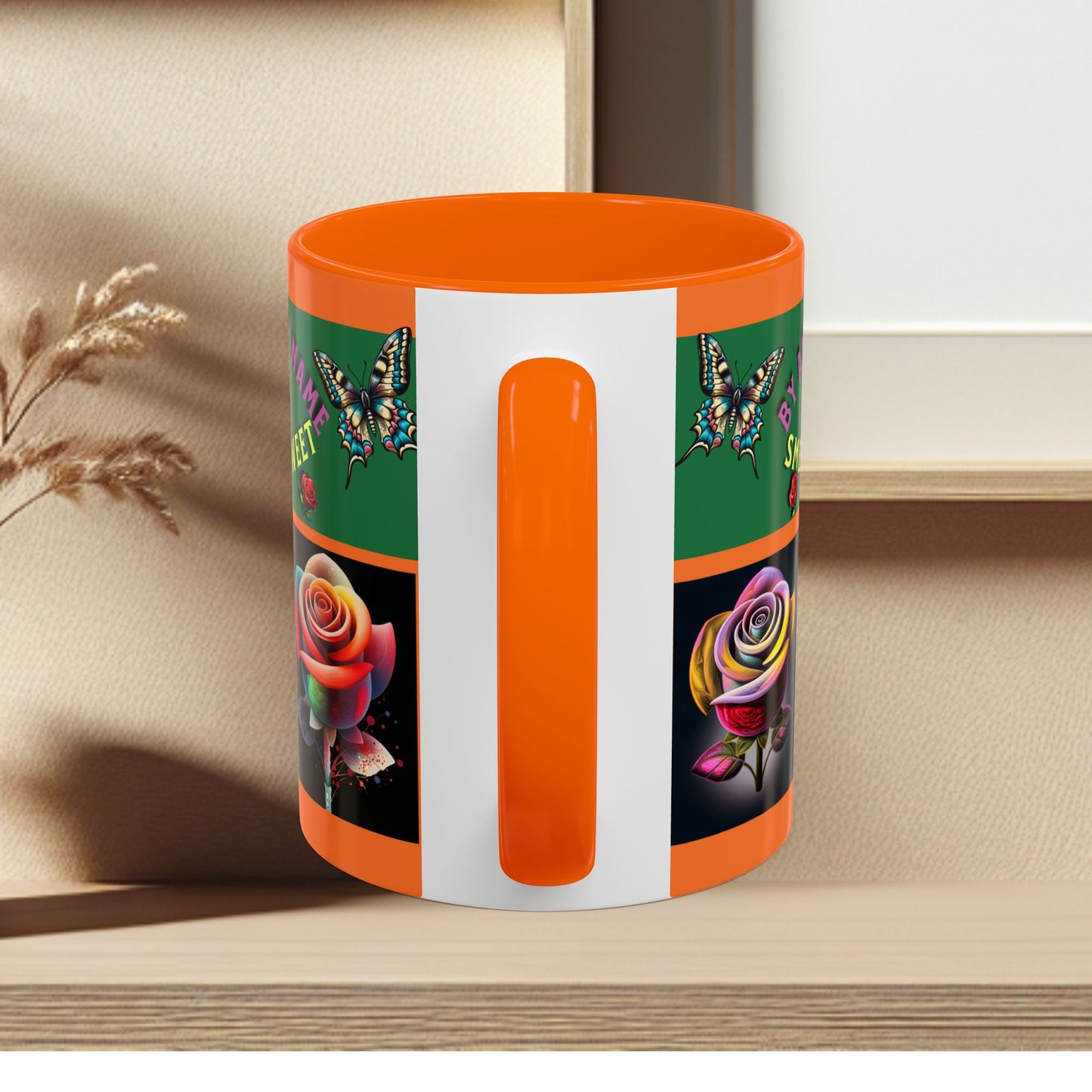 Orange Mug - Floral Butterfly Accent Coffee Mug - 'By Any Other Name A Rose Smells So Sweet'