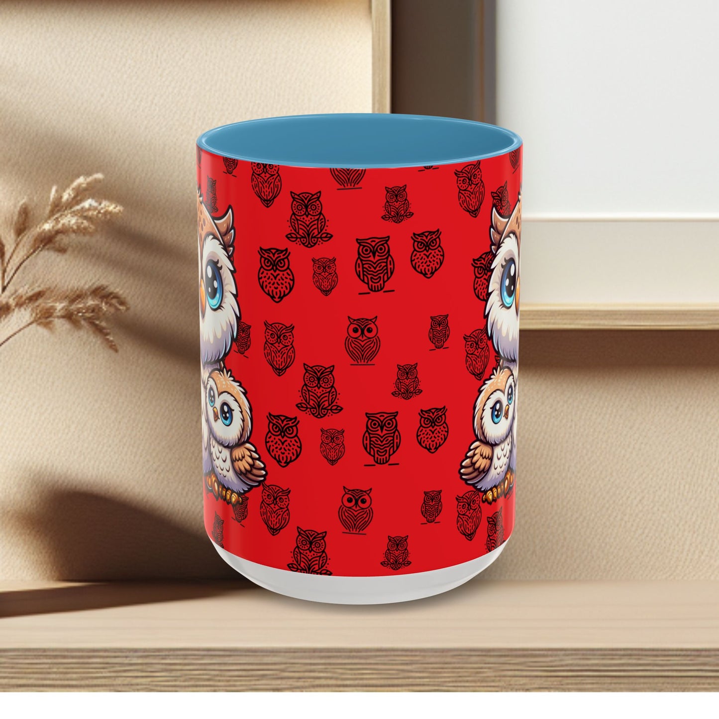 Red Coffee Mug - Owl Family - Colorful Inspirational Owl Design