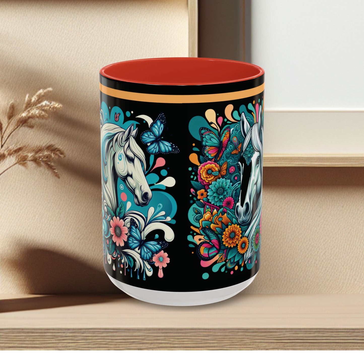Coffee Mug White Horses with Blue Highlights in Flowers - Mug