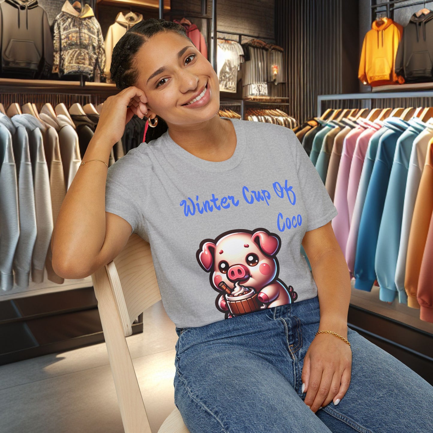 Pig Sipping on a Cup Of Coco Unisex T-Shirt - Winter Coco