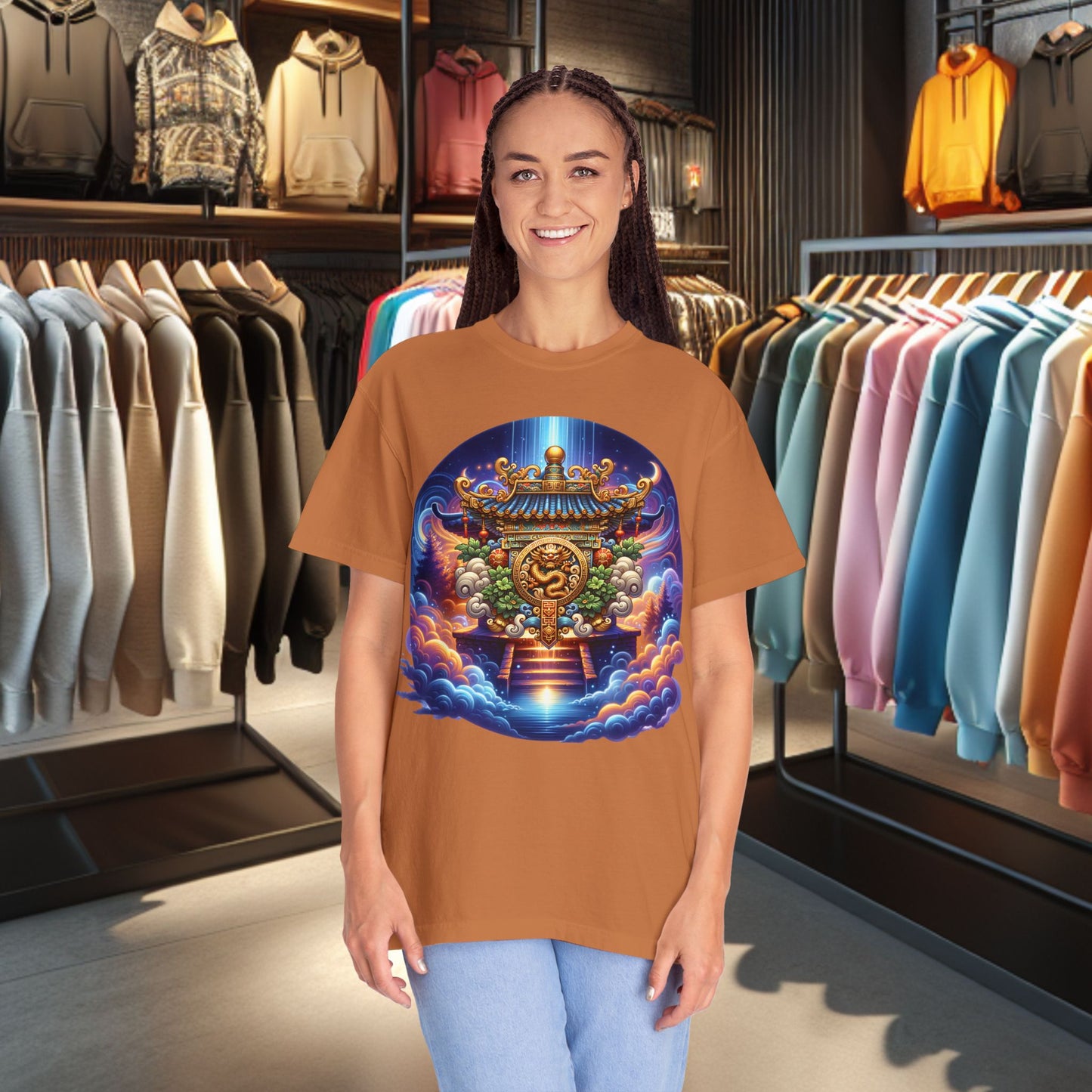 A Vibrant Mistic Temple Design -Unisex Garment-Dyed T-Shirt Perfect for Festivals & Everyday Wear