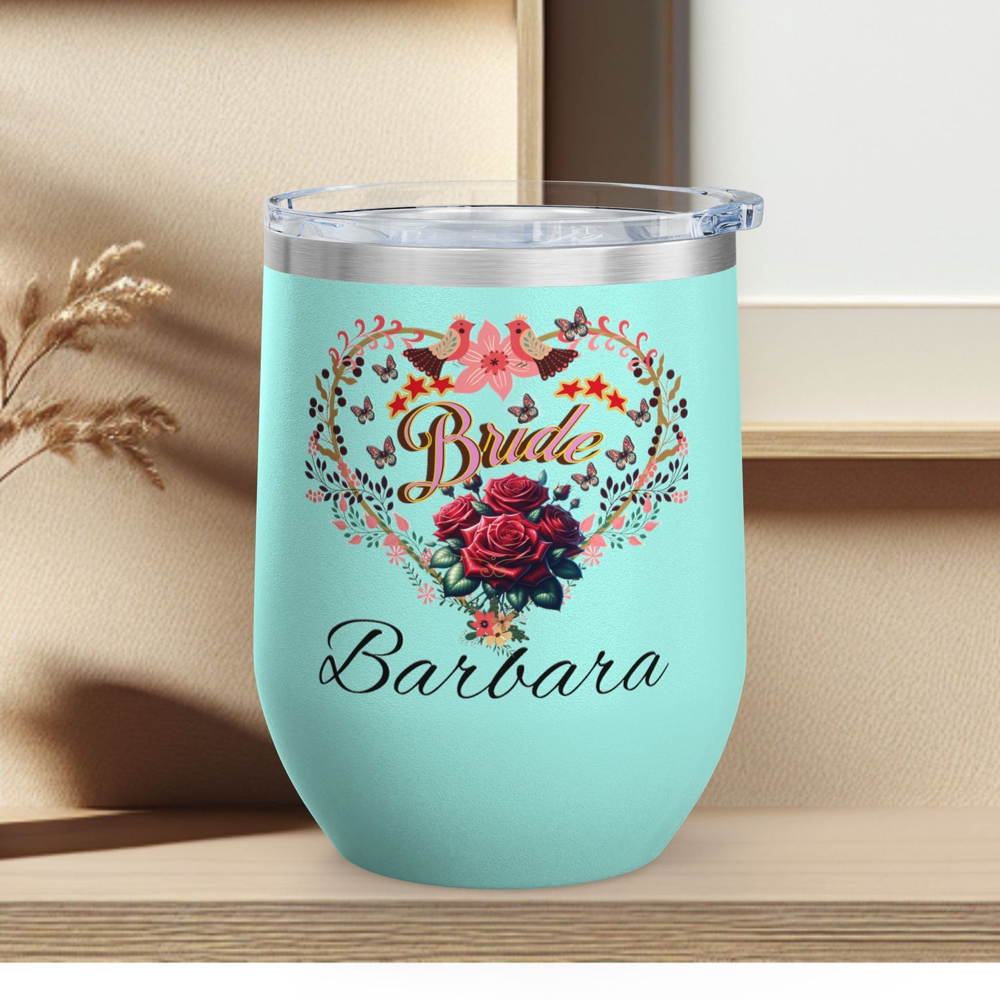 Personalized Bride's Heart Floral Wine 12oz Tumbler
