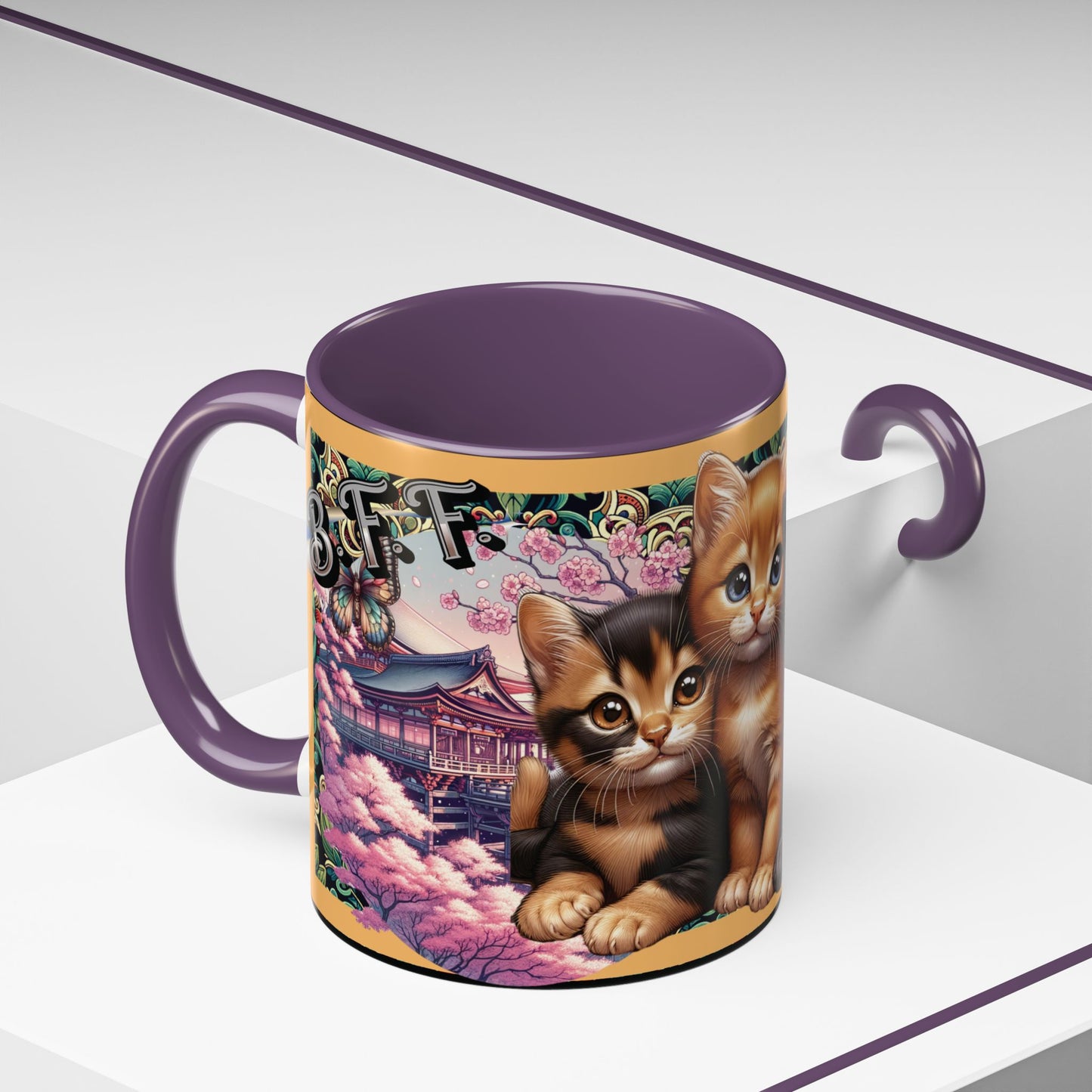 Mug - 3 B F F kittens and Butterflies Coffee Mug with Cherry Blossoms