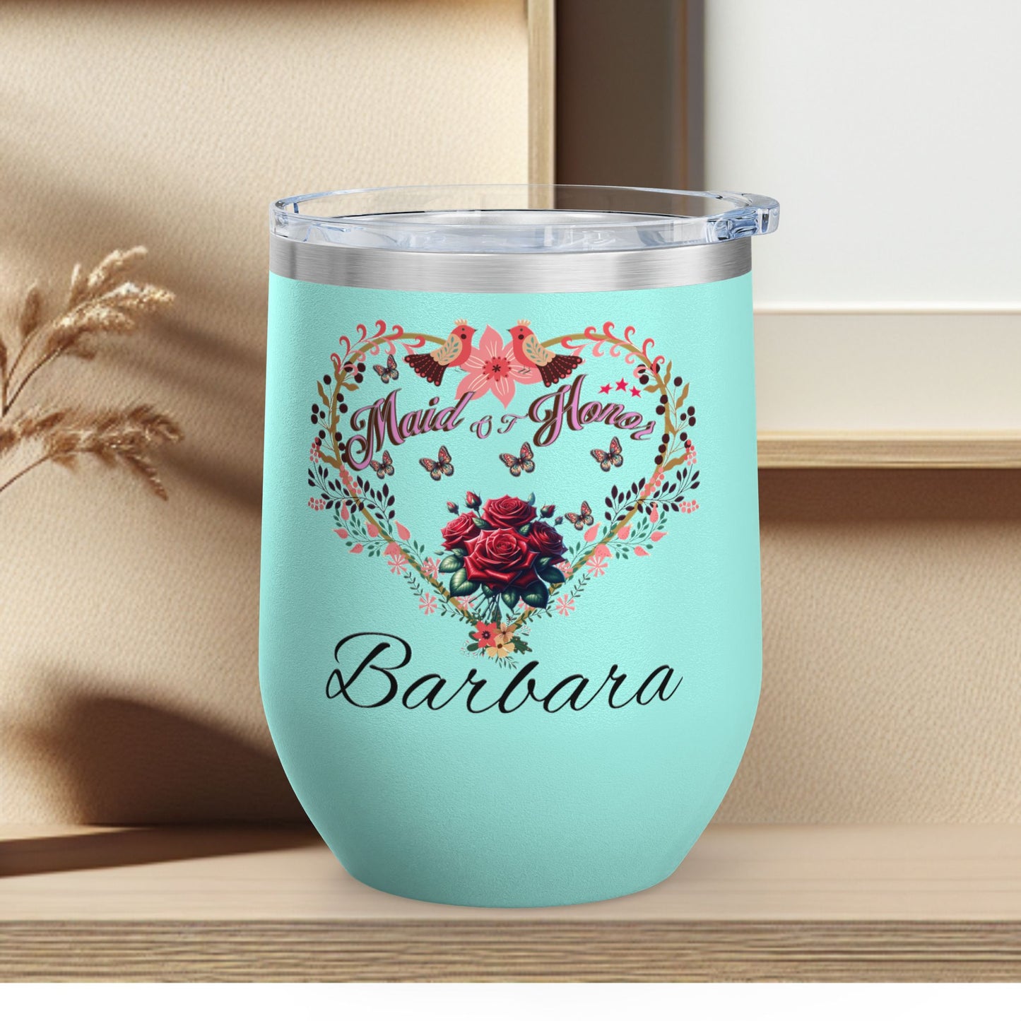 Personalized Maid of honor's Heart Floral Wine Tumbler