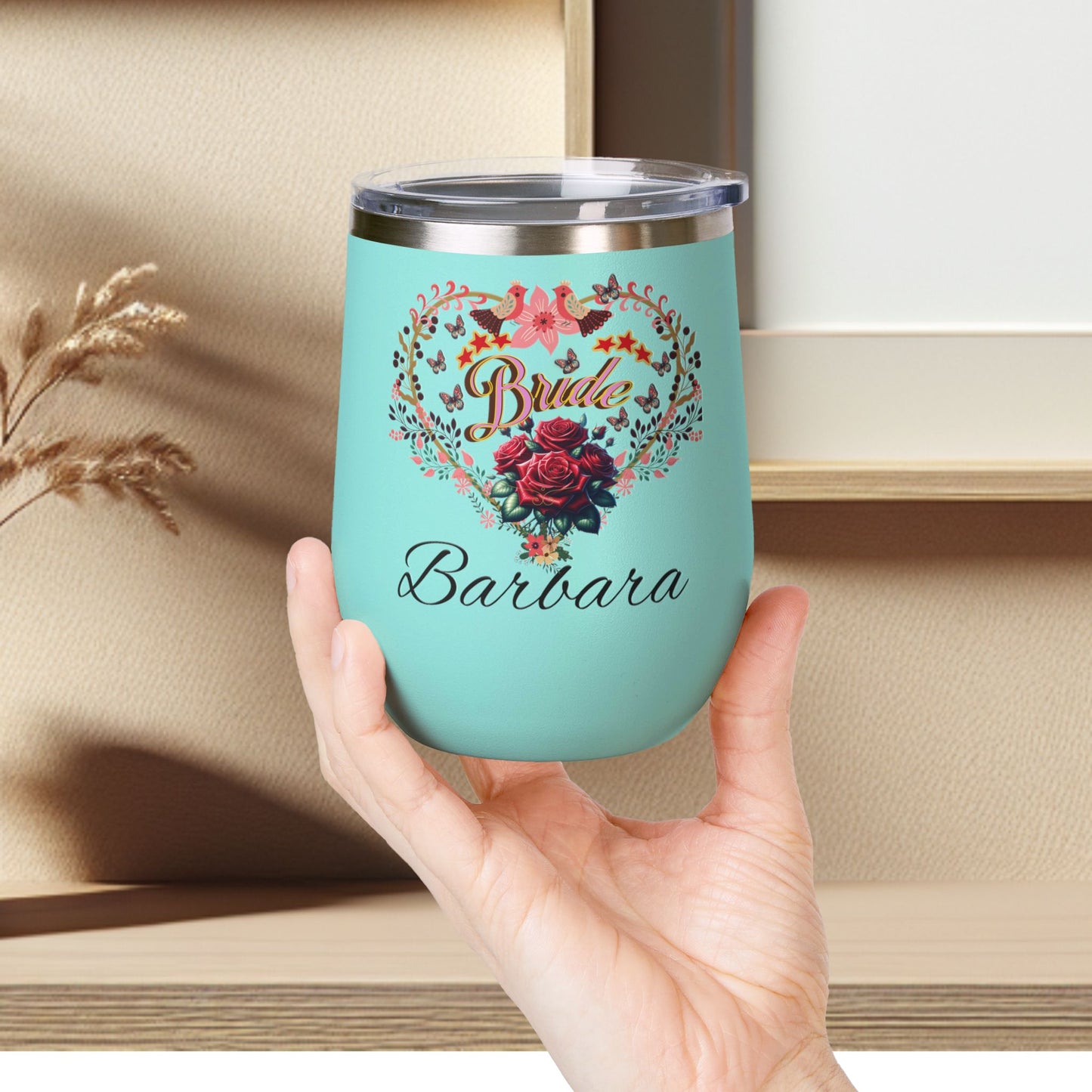 Personalized Bride's Heart Floral Wine 12oz Tumbler