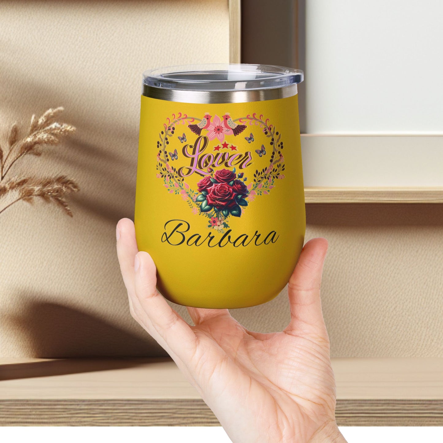 Personalized Lover's Floral Heart Wine Tumbler, 12oz