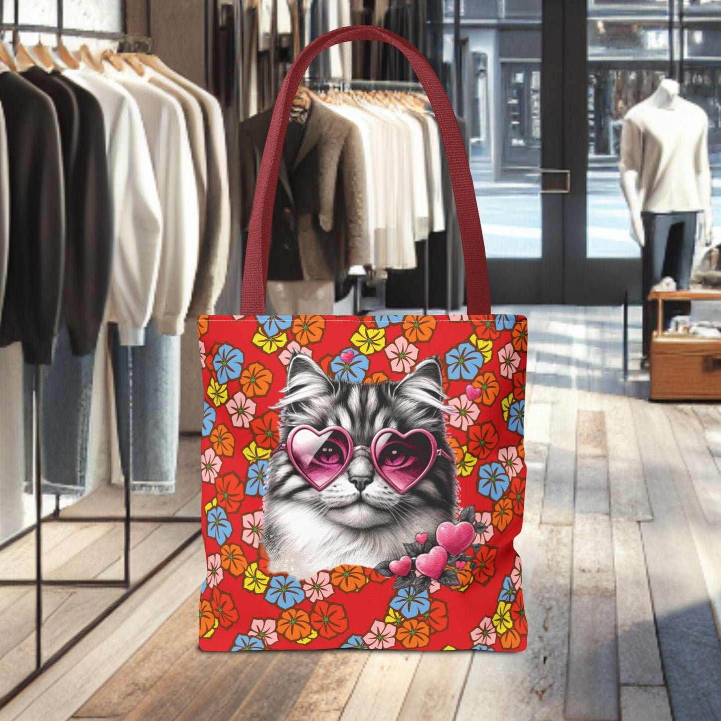 Kitty Ride Tote Bag with Flowered Red Design