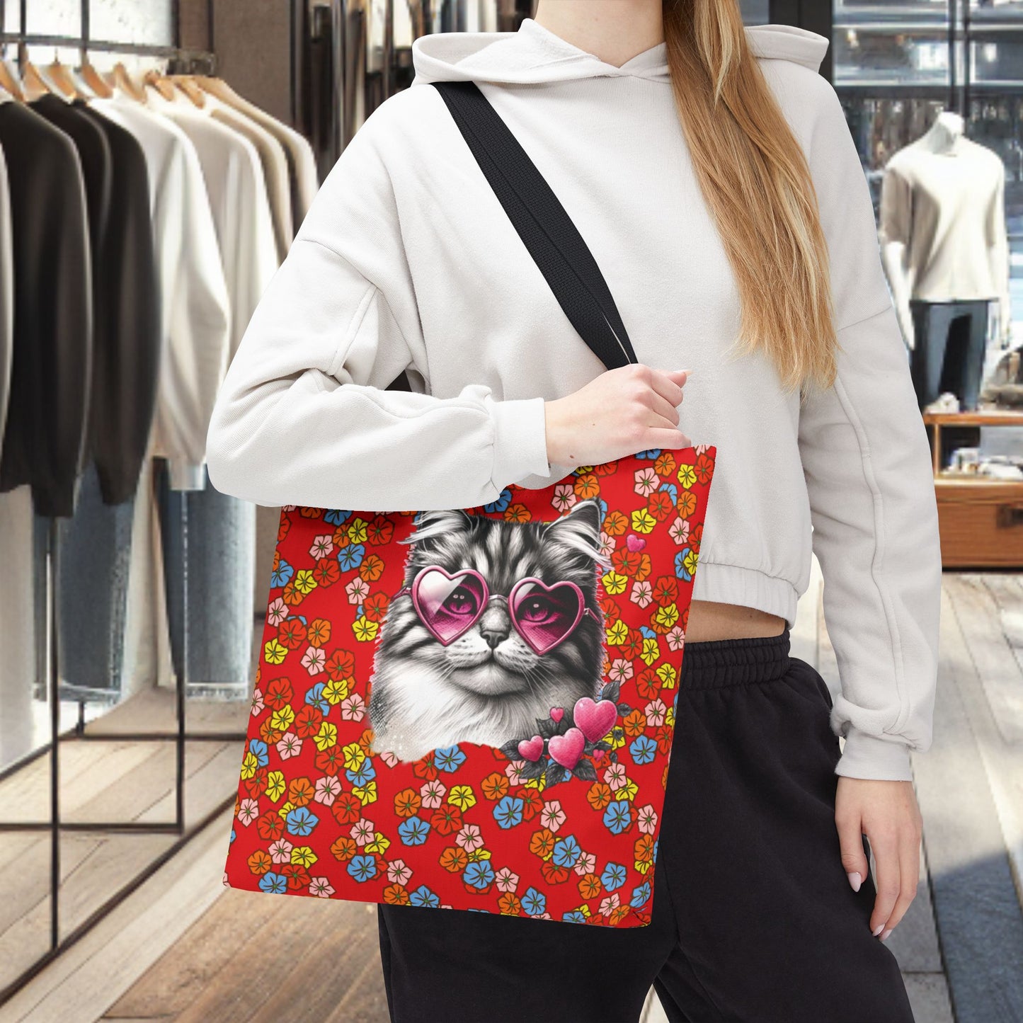 Kitty Ride Tote Bag with Flowered Red Design