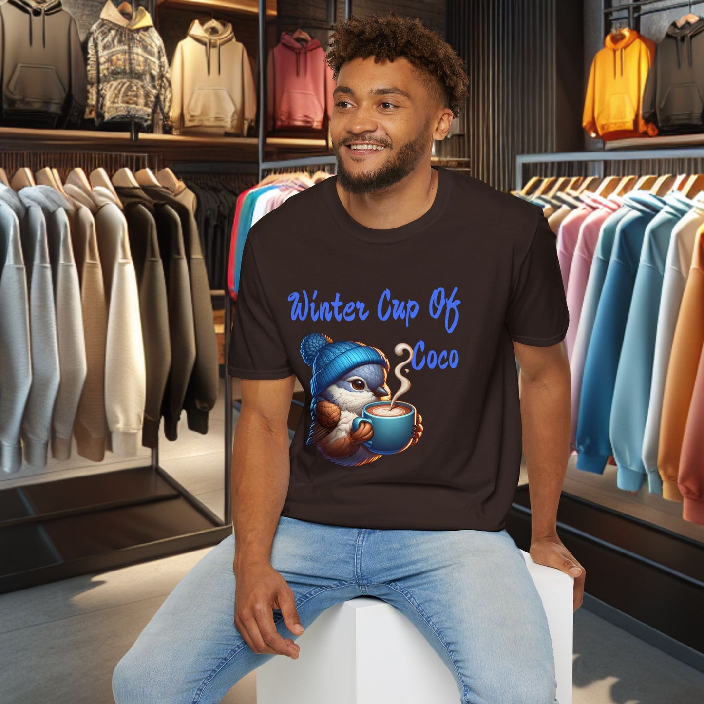 Blue Bird With a Cup Of Coco Unisex T-Shirt - Winter Coco