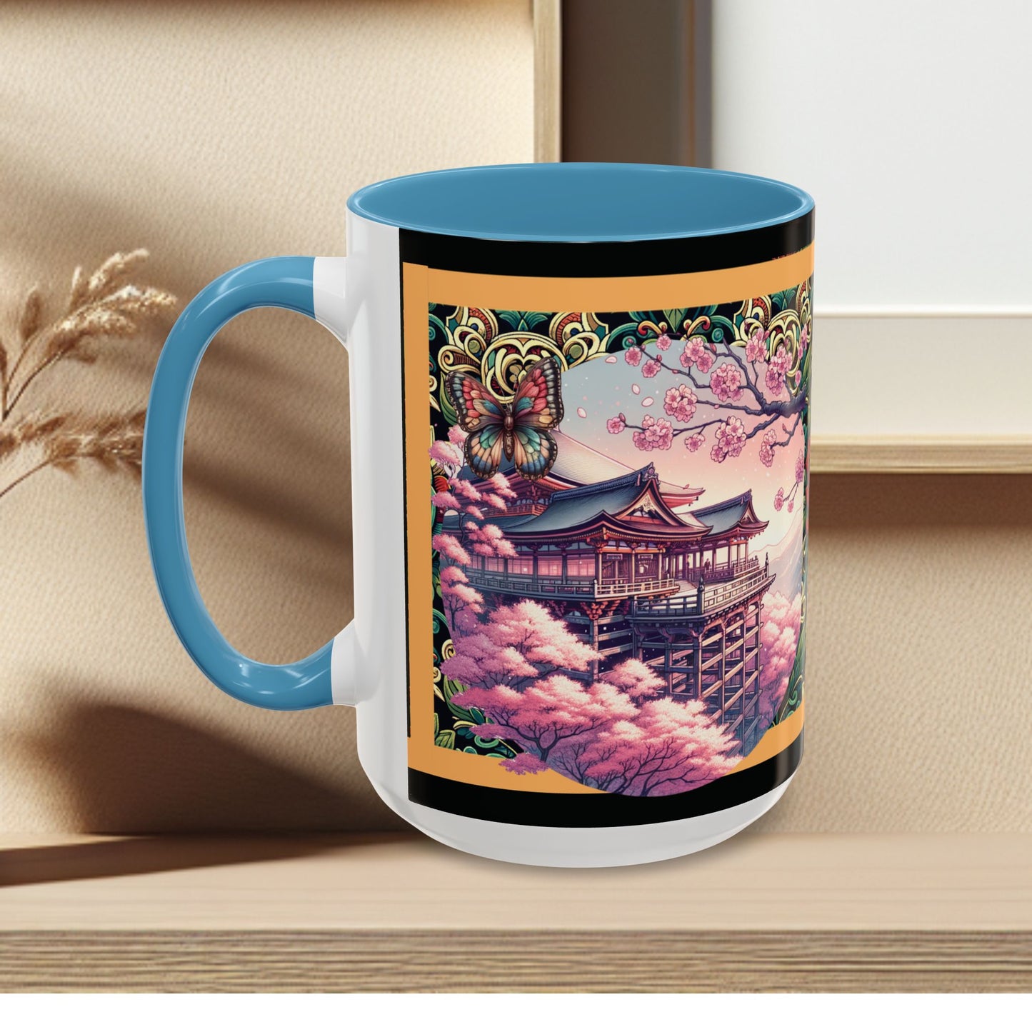 Mug - Sakura Butterfly Coffee Mug with Cherry Blossoms and a Rose