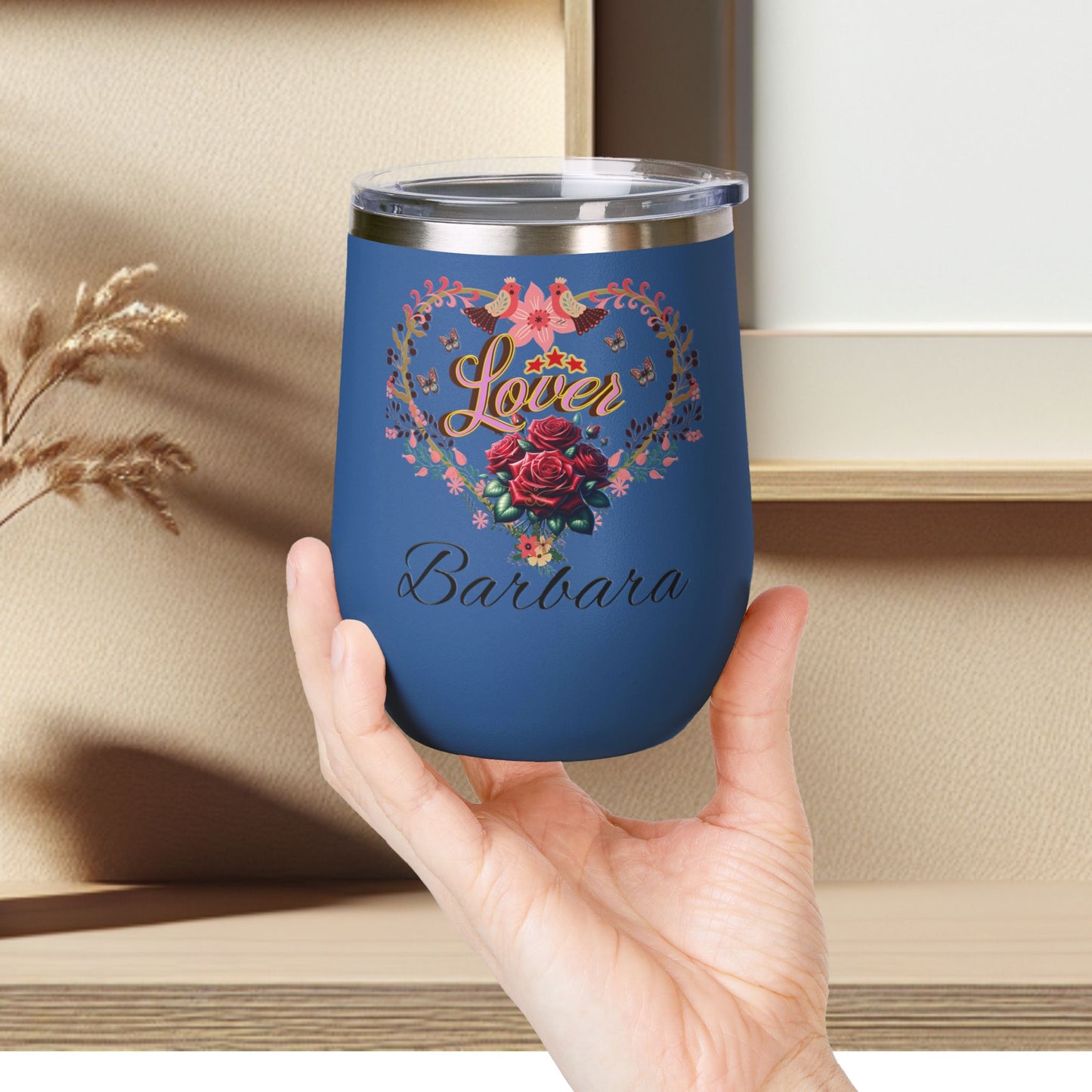Personalized Lover's Floral Heart Wine Tumbler, 12oz