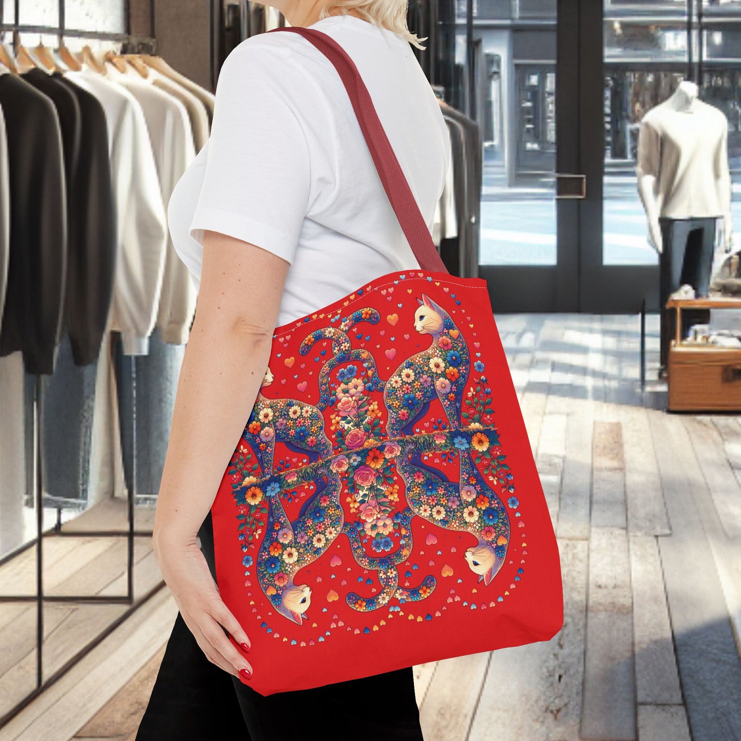 Loving Cat Flower Mozaic Tote Bag Dark Red