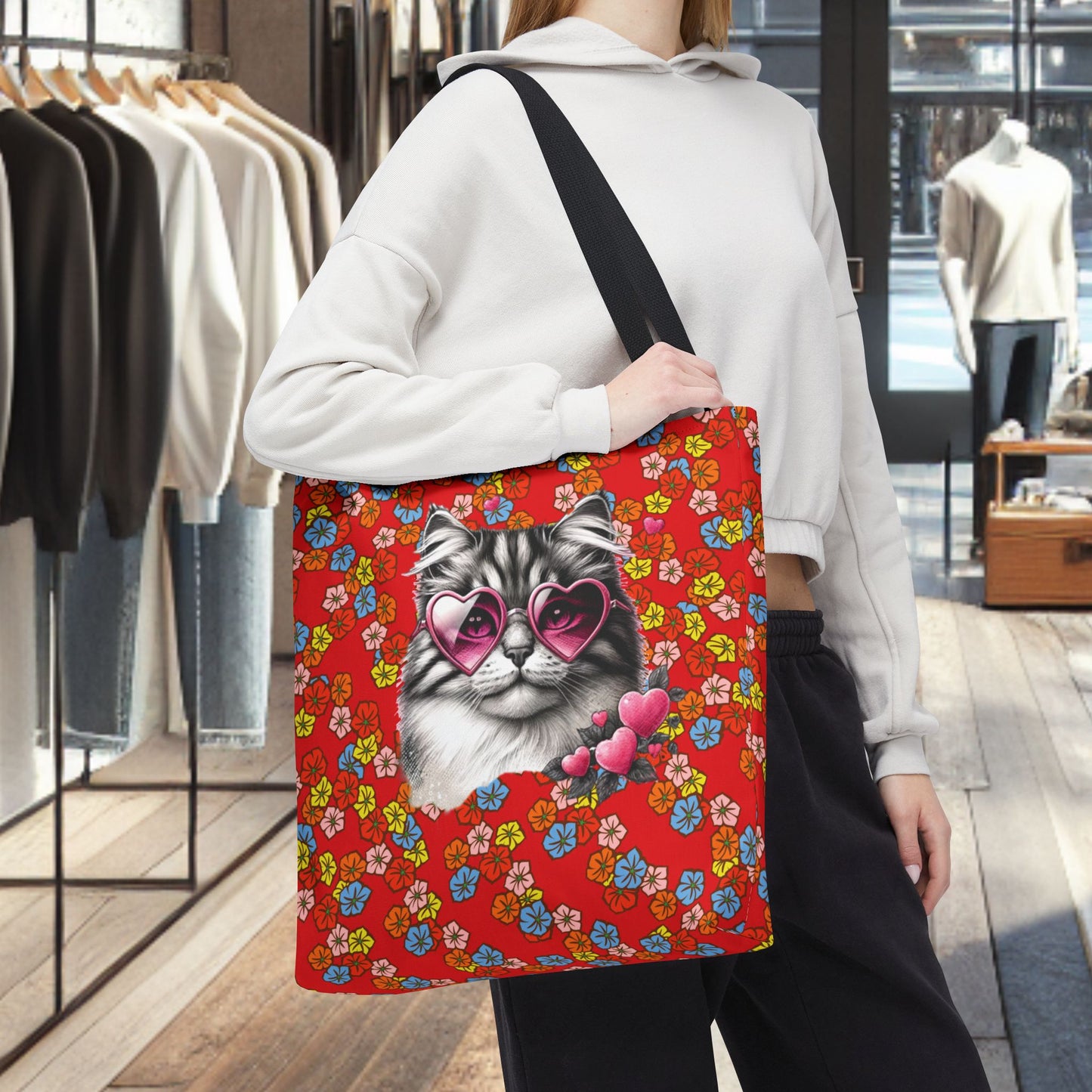 Kitty Ride Tote Bag with Flowered Red Design