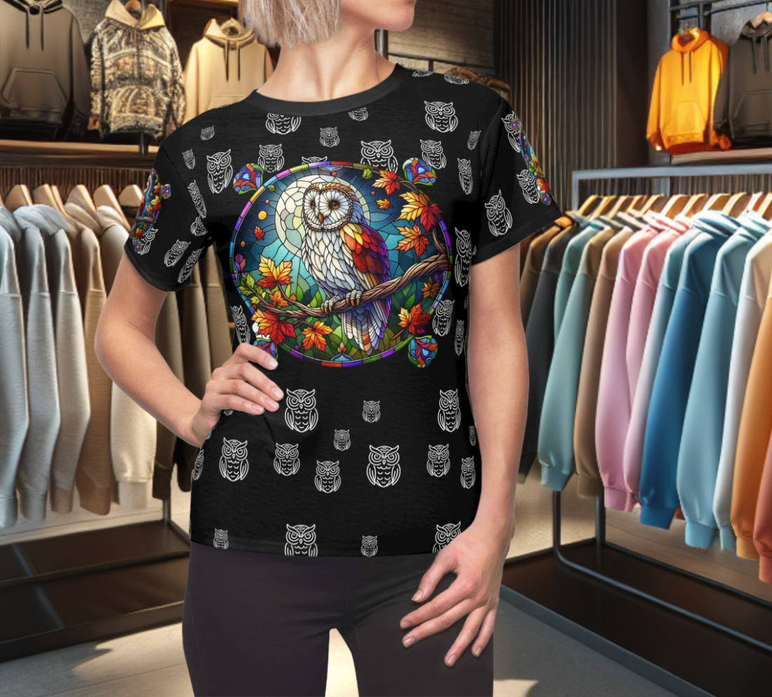 Orange Graphic Women's Tee - stain glass Owl on a branch
