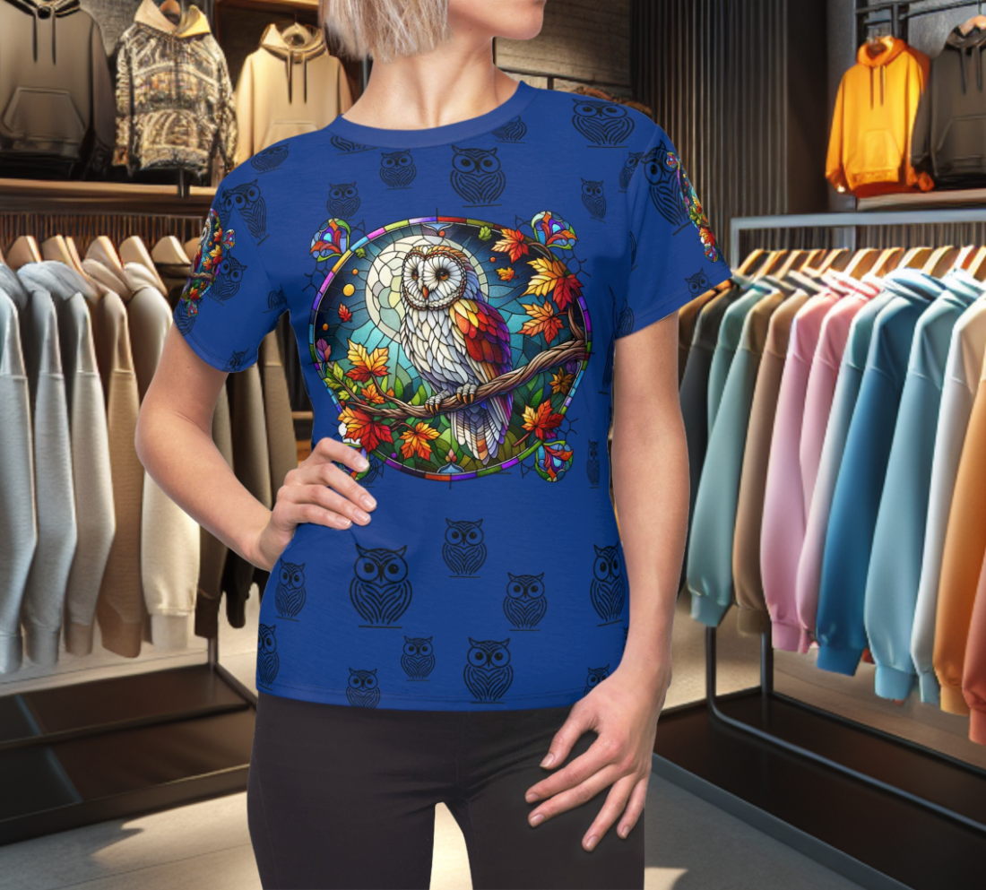 Orange Graphic Women's Tee - stain glass Owl on a branch