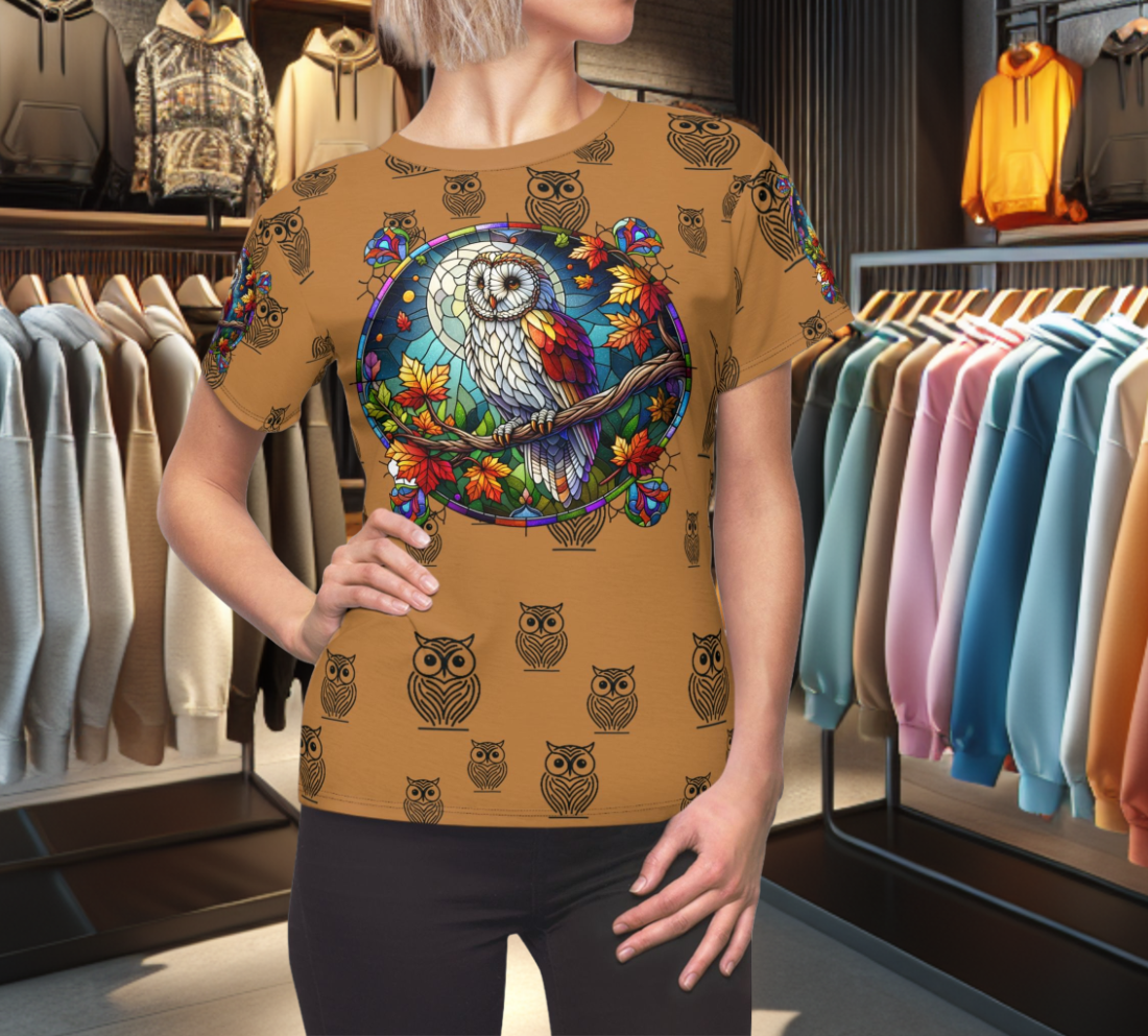 Orange Graphic Women's Tee - stain glass Owl on a branch