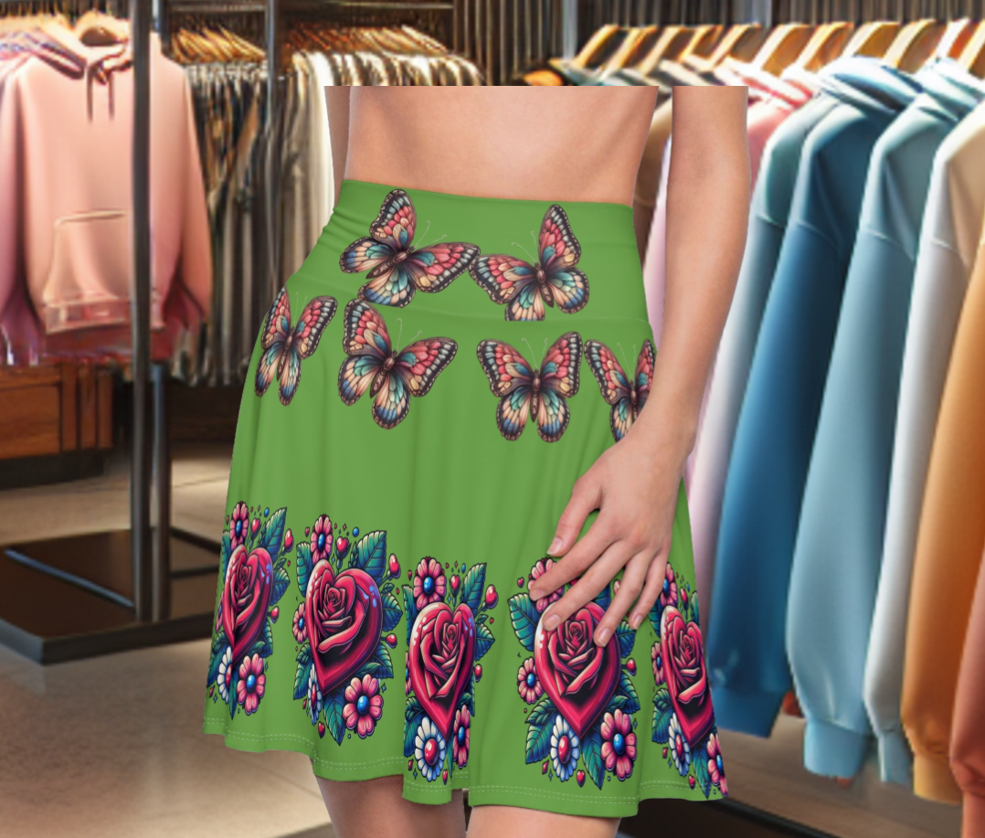 Skater Red Skirt - Floral With Butterflies Vintage Style for Women, Summer and Party Wear, Retro Fashion Gift