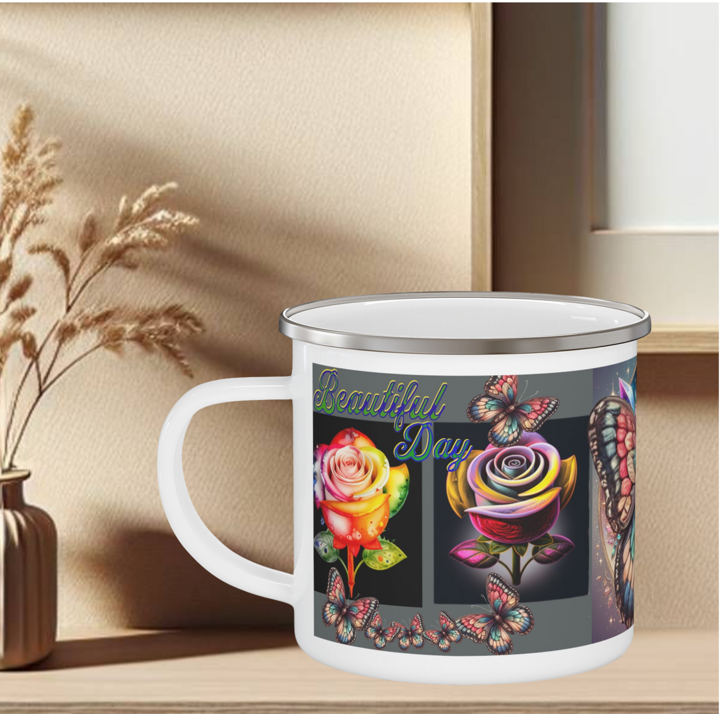 Enamel Mug Pink - Butterflys & Roses Camping Mug Gift for Nature Lovers and Outdoor Enthusiasts