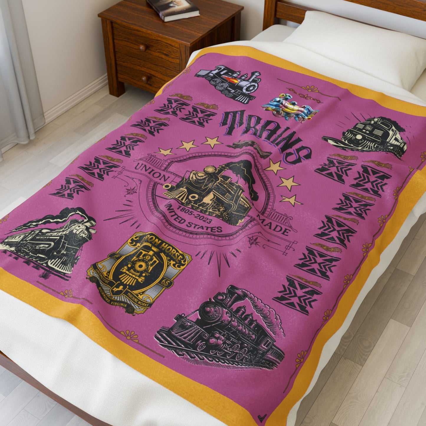 Trains 30" x 40", 50" x 60", 60" x 80" Velveteen Plush Blanket