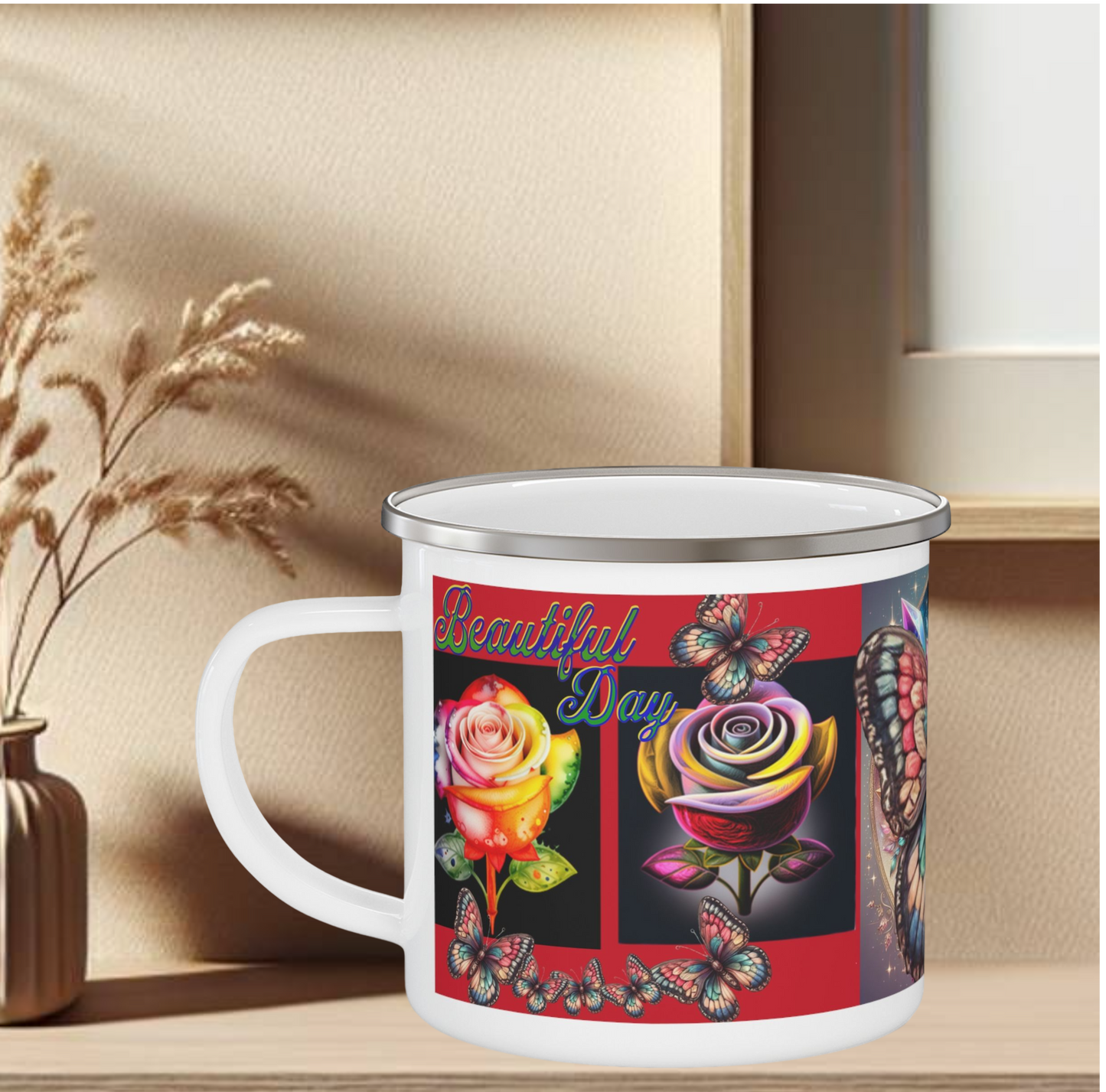 Enamel Mug Pink - Butterflys & Roses Camping Mug Gift for Nature Lovers and Outdoor Enthusiasts
