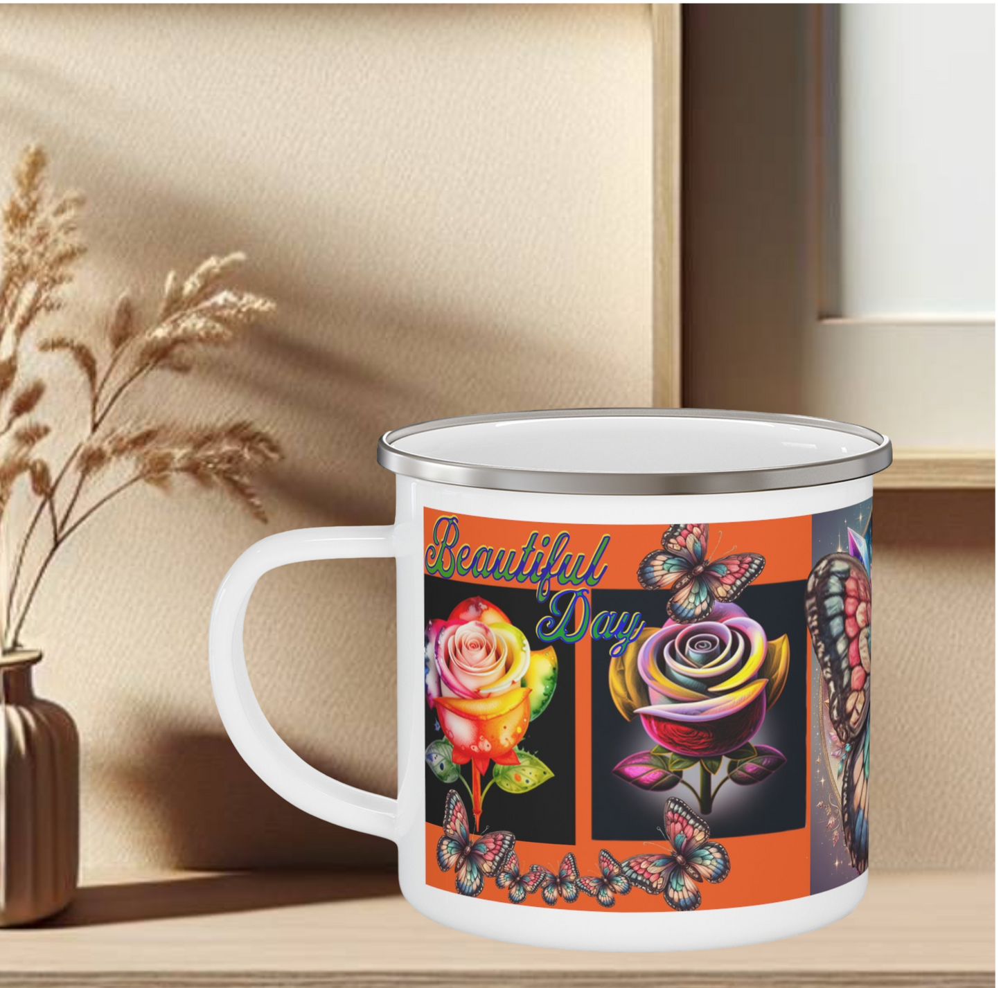 Enamel Mug Pink - Butterflys & Roses Camping Mug Gift for Nature Lovers and Outdoor Enthusiasts