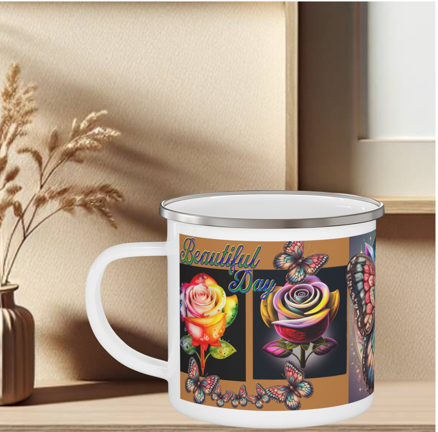 Enamel Mug Pink - Butterflys & Roses Camping Mug Gift for Nature Lovers and Outdoor Enthusiasts