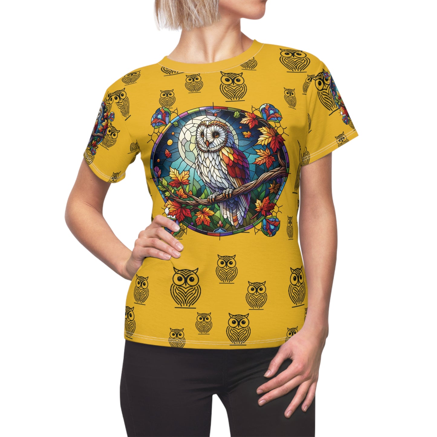 Orange Graphic Women's Tee - stain glass Owl on a branch