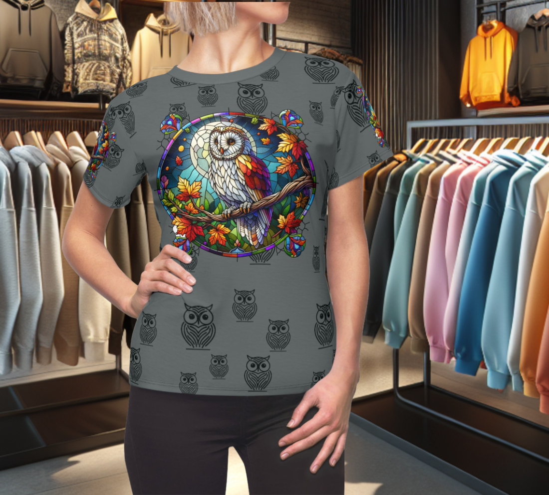 Orange Graphic Women's Tee - stain glass Owl on a branch