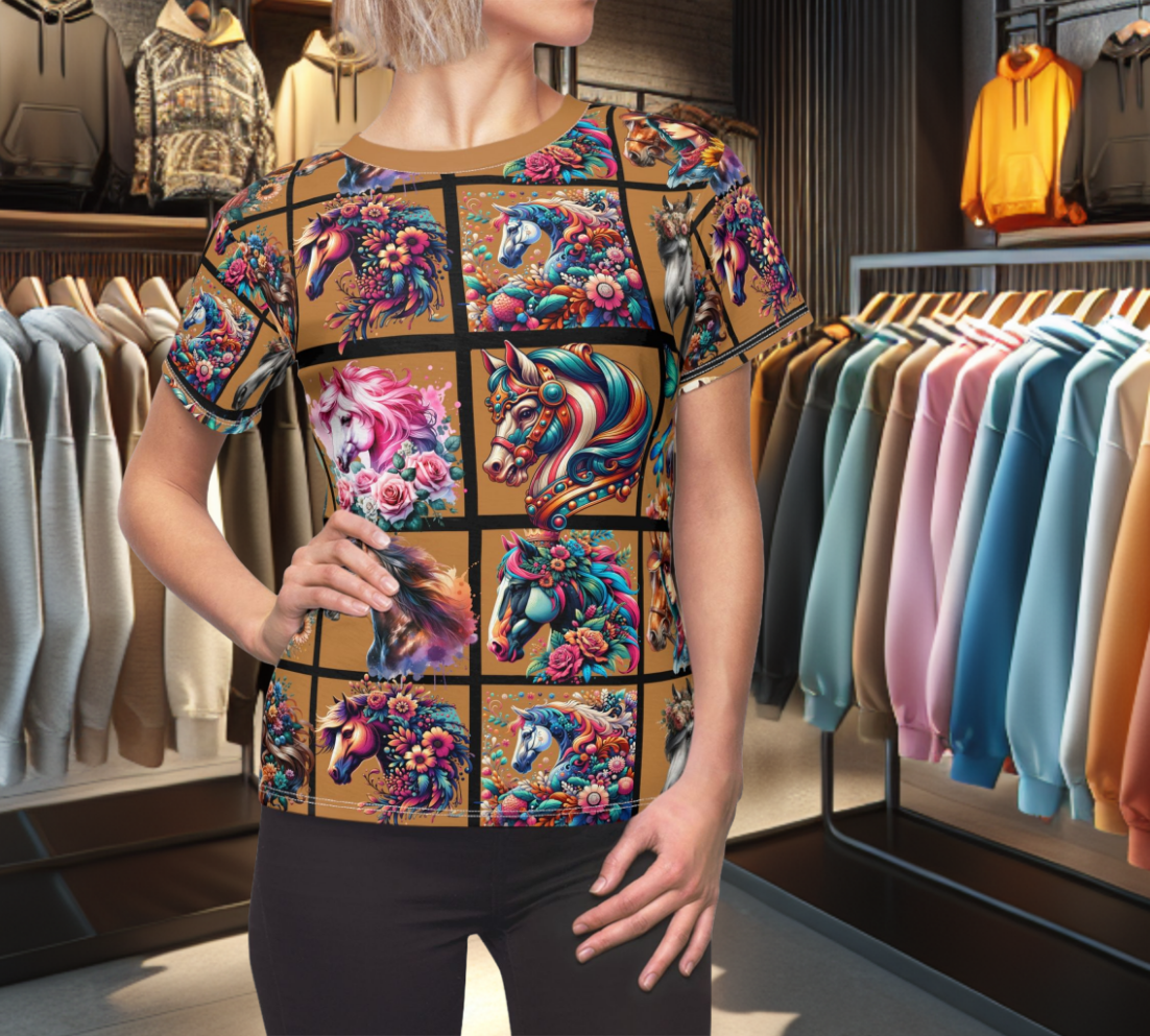 Women's Graphic Tee - Horse Heads Orange Design