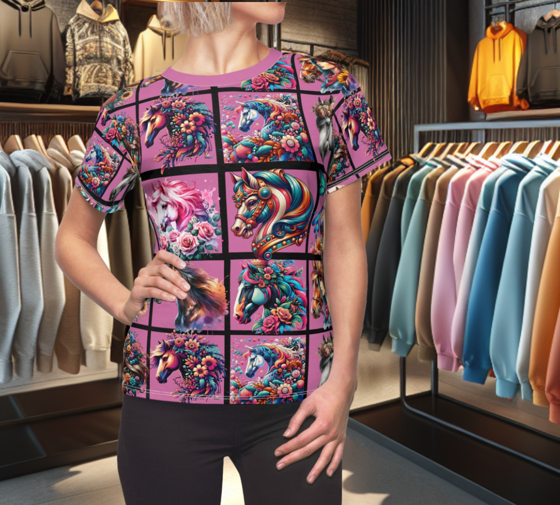 Women's Graphic Tee - Horse Heads Orange Design