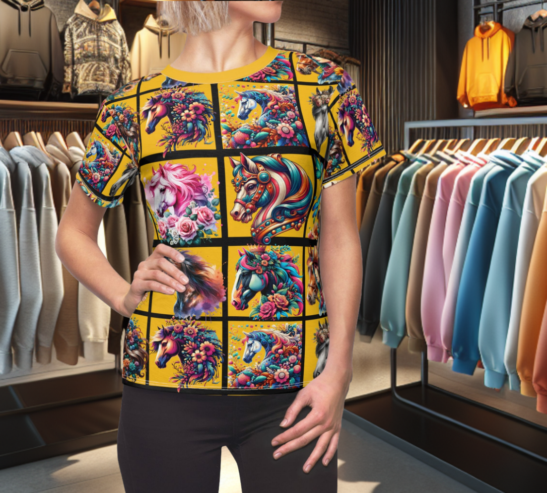 Women's Graphic Tee - Horse Heads Orange Design