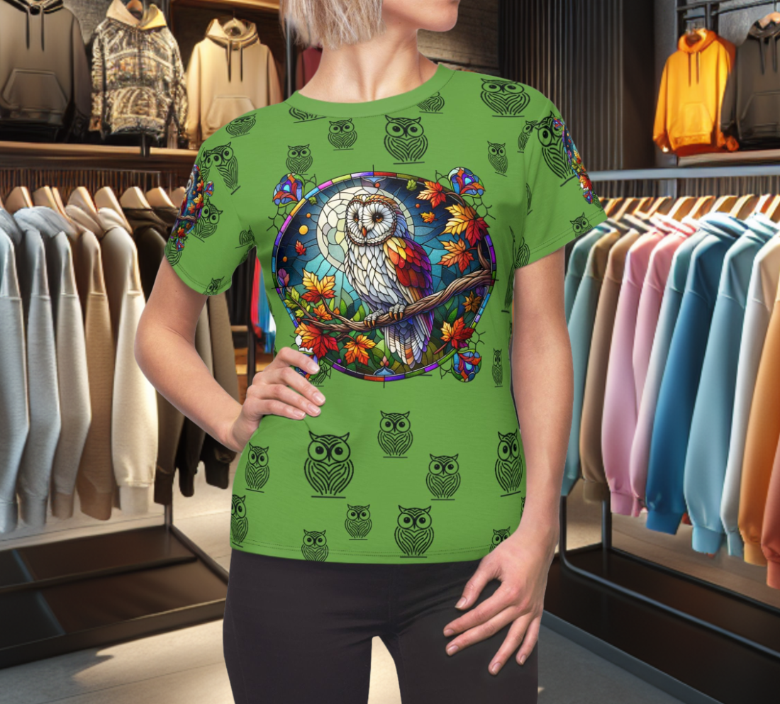 Orange Graphic Women's Tee - stain glass Owl on a branch