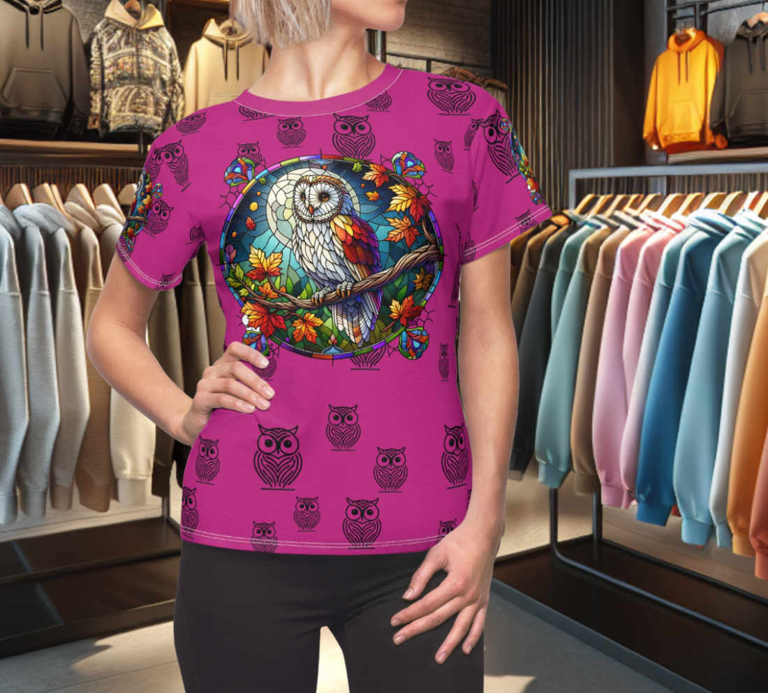 Orange Graphic Women's Tee - stain glass Owl on a branch