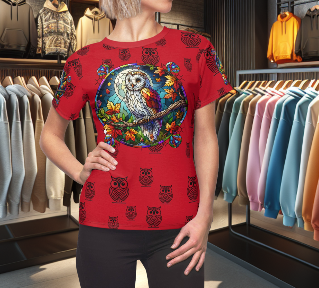 Orange Graphic Women's Tee - stain glass Owl on a branch